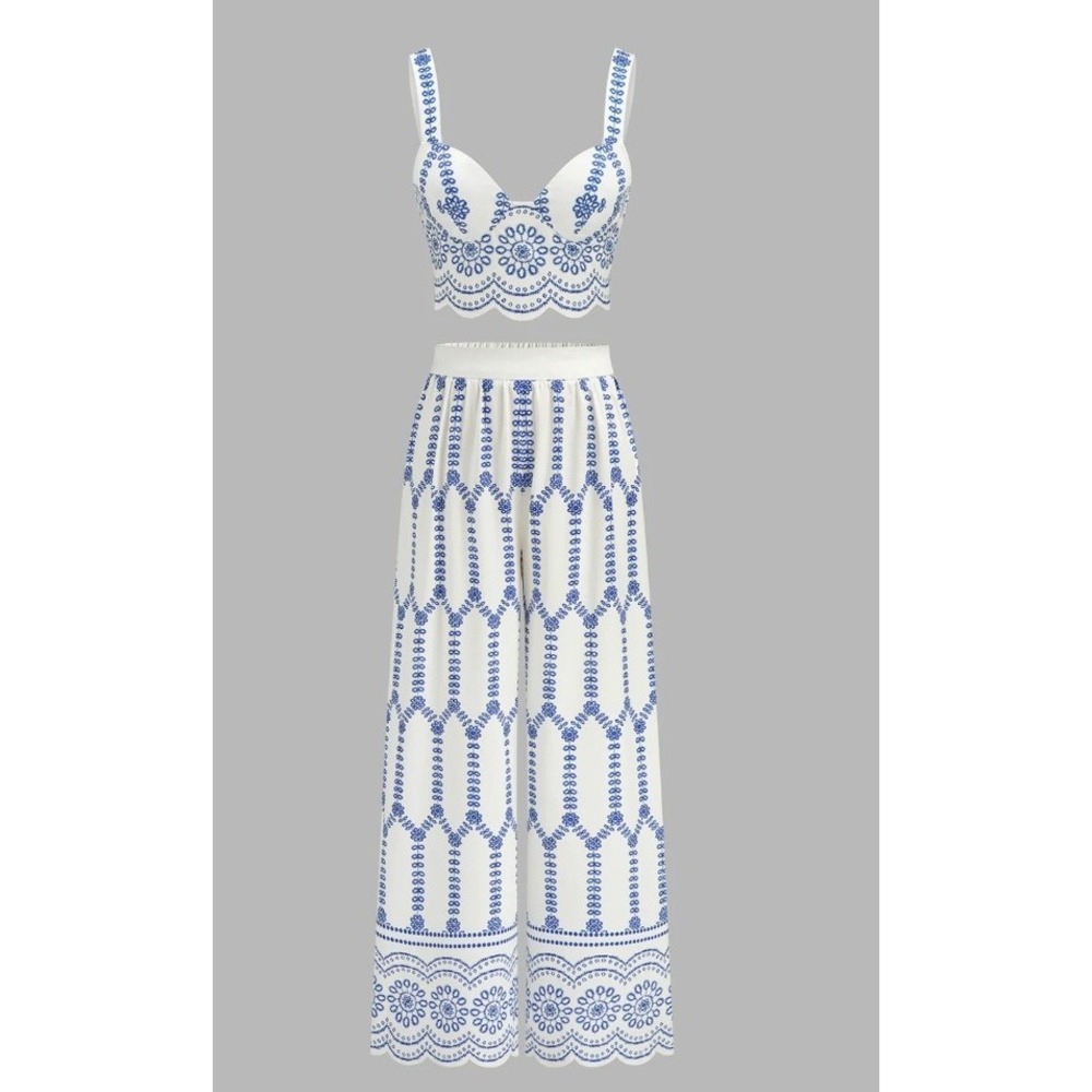 Commense Womens Blue White Printed Faux Eyelet Bustier Top Wide Leg Pant Set S